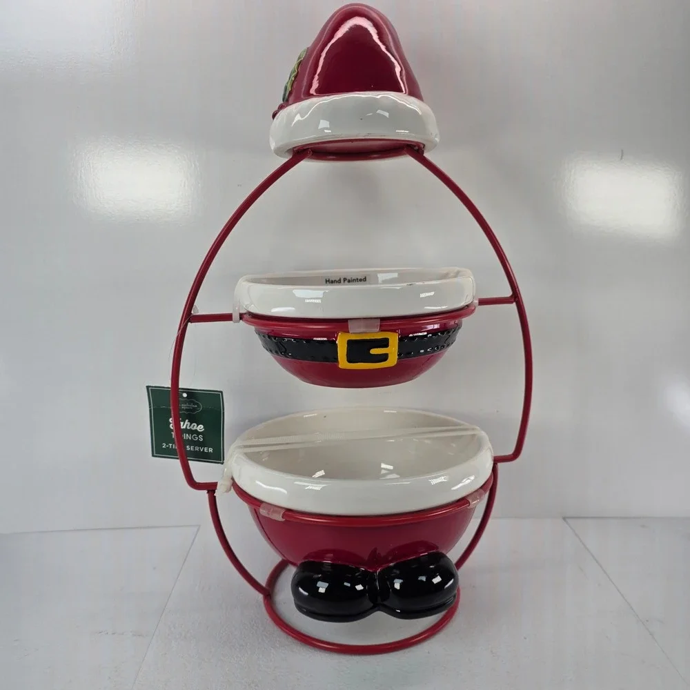 St Nicholas Square Tahoe Tidings Santa 2-Tier Server Red White Ceramic Christmas